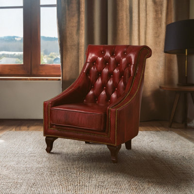 Orsina Red Leather Studded Armchair,stately Lounge Chair With Quilted Backrest,copper Studded Armrest Chair from B&Q