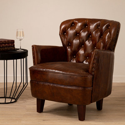 Orsina Mocha Brown Button Back Armchair,lounge Chair With Quilted Backrest,metallic Studded Seat With Walnut Feet from B&Q