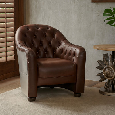Orsina Classic Armchair With Buttoned Back,leather Upholstered ChairLuxe Accent Chair With Black Walnut Orb Feet from B&Q