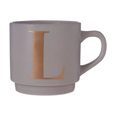 B&Q -  Curved Handled Grey L Letter Mug,porcelain Tea Cup With Personalized Gold Etched Letter,perfect For Coffee