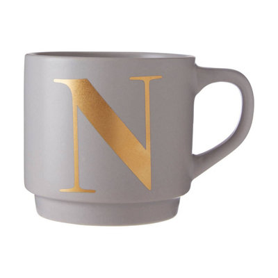 B&Q -  Grey N Letter Mug For Hot Beverages,gold-Etched Design With Curved Handle For Easy Grip,perfect Coffee Cup