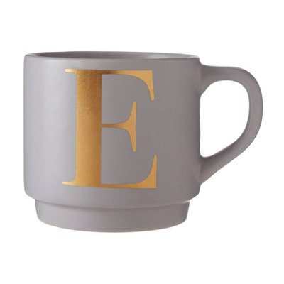 B&Q -  Contemporary Grey E Initial Mug,porcelain Coffee Cup With Gold Letter Detail,ideal Gift Or Kitchen Accessory