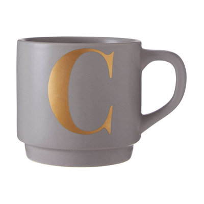 B&Q -  Personalized Grey C Letter Mug,porcelain Coffee Cup With Gold Letter Accent,perfect For Stylish Gifting