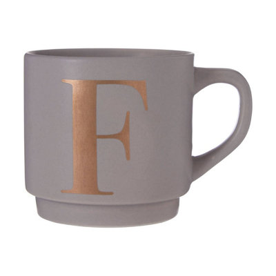 B&Q -  Grey F Letter Mug With Curved Handle,premium Coffee Mug With Gold Etched "f" Lettering,perfect For Gifting