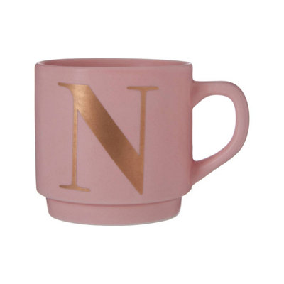 B&Q -  Pink N Letter Mug,ceramic Mug With Gold Letter,reusable Cup With Sturdy Handle,ideal For Office Or Home Use