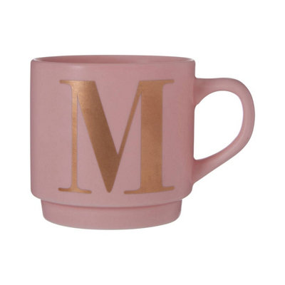 B&Q -  Vibrant Pink M Letter Porcelain Mug,lightweight Coffee Cup With Gold Letter Accent,freezer Safe Ceramic Mug