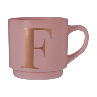 B&Q -  Pink F Letter Mug With Luxe Gold Detailing,durable Mug With Comfortable Handle,personalized Decorative Mug