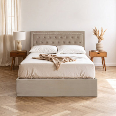 B&Q -  Classic Mink Velvet Double Ottoman BedElegant Button Tufted Bedroom BedOttoman Stud Detailed Bed