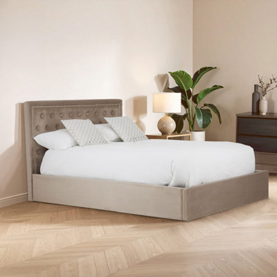 B&Q -  Practical Mink Velvet Kingsize Ottoman BedElegant Velvet Bed For BedroomCompact Diamont Tufted Bed