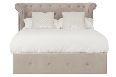 B&Q -  Contemporary Mink Double Ottoman BedElegant Winged Headboard Bedroom BedOttoman Stud Detailed Bed