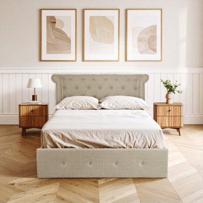 B&Q -  Contemporary Light Grey Double Ottoman BedElegant Winged Headboard Bedroom BedOttoman Stud Detailed Bed