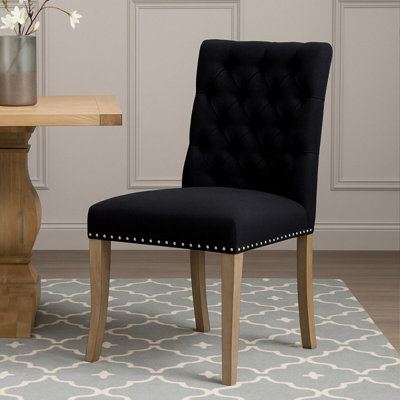 Orsina Black Linen Dining Chair With Wooden Legs,metallic Silver Studded Dining Seat,comfortable Chair,accent Chair from B&Q