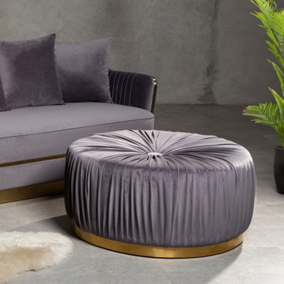 Orsina Grey Footstool With Gold Base For Living Room,button Tufted Ottoman Stool,wooden Fabric Upholstered Footrest from B&Q
