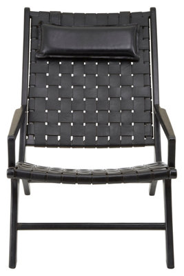 Orsina Black Leather Woven Chair,comfy Teak Wood Accent Chair With Head Cushion,black Lounge Chair For Reading from B&Q