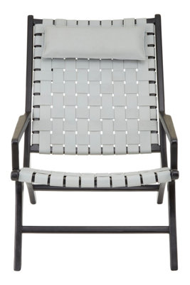 Orsina Grey Cow Leather Woven Chair ,sleek Teak Wood Lounge Accent Chair With Head Cushion,grey Lattice Armchair from B&Q