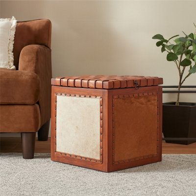 Orsina  Storage Stool With Metallic Stud Trim,teak Wood Seat With Hair-On-Leather Base,latticed Leather Top Stool from B&Q
