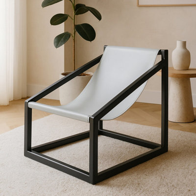 Orsina Luxe Grey Cubic Frame Chair For Reading,teak Wood Accent Chair,leather Sling Lounge Chair,grey Patio Chair from B&Q