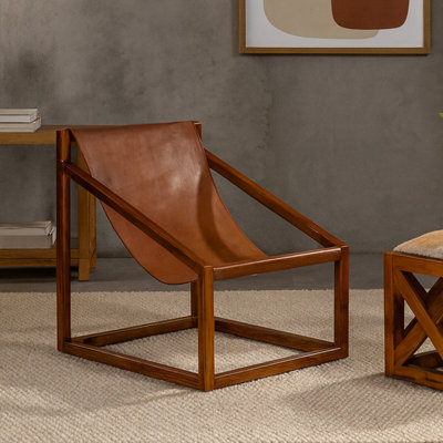 Orsina Brown Cubic Frame Chair,leather Upholstered Armchair,teak Wood Accent Chair For Lounge,comfy Patio Chair from B&Q