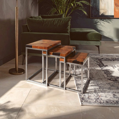 Orsina Set Of 3 Natural Teak Wood Nesting Tables,sturdy Handcrafted End Tables,luxe Black Two-Toned Bedside Tables from B&Q
