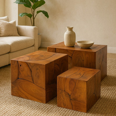 Orsina Luxe Set Of 3 Teak Root Stools,rustic Wooden Bar Stools With Brown Finish,prominent Grained Kitchen Stools from B&Q