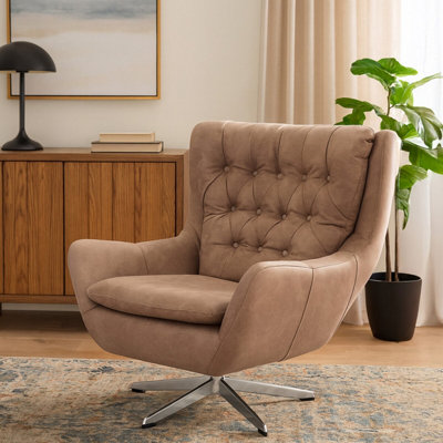 Orsina Faux Brown Leather Armchair With Swivel Base,accent Chair With Button Tufted Backrest,metallic Reading Seat from B&Q