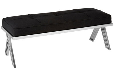 Orsina Silver Finish Bench With Angled Legs,button-Tufted Black Fabric Seat,dining Bench,patio Bench For Garden from B&Q