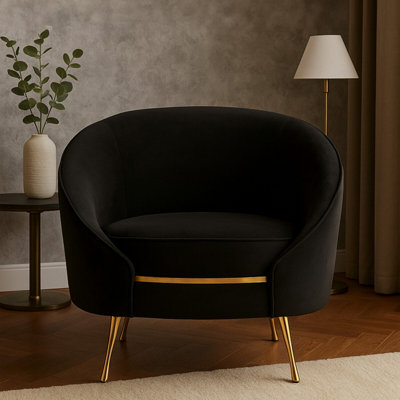 Orsina Black Velvet Armchair With Gold Finish Stainless Steel LegsLuxe Curved Barrel Design Accent Chair from B&Q