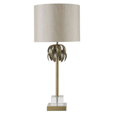 Orsina Antique Brass Leaf Table Lamp With Grey ShadeTextured Metal Leaves On Crystal BaseLuxe Accent Table Lamp from B&Q