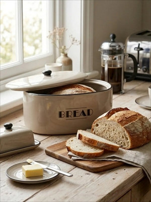 B&Q -  Cream Dolomite Bread Bin With Decorative Trim & Knob Handle,modern Bread Storage Container For Gifting