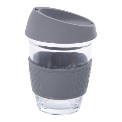 Orsina Glass Mug With Grey Silicone LidGlass Coffee Mug With Silicone Lid And Cork WrapGlass Mug With Lid from B&Q