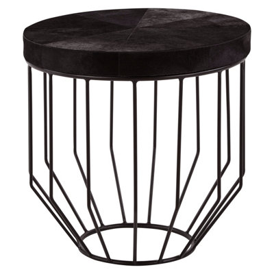 Orsina Black Leather Top Round Side TableHair On Hide Leather With Iron Wire FrameBoutique Style Accent Table from B&Q