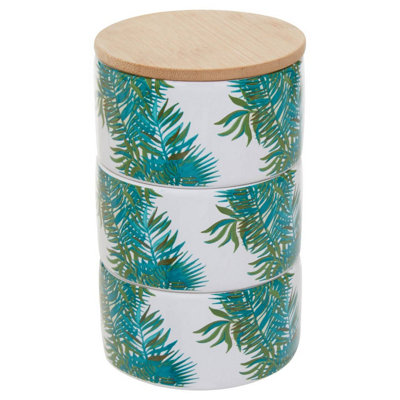 Orsina Palm Set Of Three Stackable Canisters,stoneware Containers With Palm Leaf Pattern,canisters With Bamboo Lids from B&Q