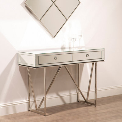 Orsina Glamorous Console Table With 2 Spacious DrawersStorage Table With Mirrored Glass TopSilver Lounge Table from B&Q