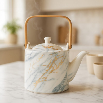 Orsina White Porcelain Teapot With Bamboo Handle,marble Effect Gold Finish Ceramic Tea Pot,ideal For TeaOr Coffee from B&Q