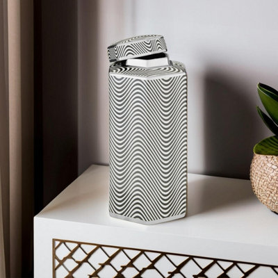 Orsina Large Monochrome Ceramic JarDecorative Black & White Hexagonal Porcelain Jar With Silver TrimStorage Jar from B&Q