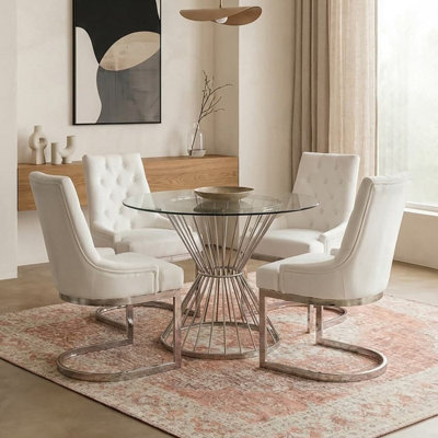 Orsina Hourglass Dining Table With Clear Glass & Silver BaseSpacious Lounge TableTable For PatioKitchen Table from B&Q
