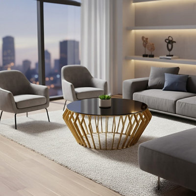 Orsina Spacious Gold Round Coffee Table With Black GlassModern Gold Finished TableLuxurious Black Coffee Table from B&Q