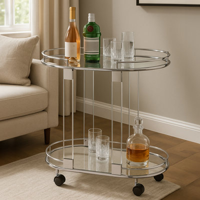 Orsina Oval Mirrored Drinks Trolley With Chrome Metallic FrameTwo Tier Mirrored Glass Cocktail Cart On Castors from B&Q