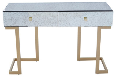 Orsina Stylish Brass Finish Console TableLivingroom Table With Two DrawersLounge Table With Antique Mirror Top from B&Q