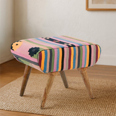 Orsina Upholstered FootstoolTribal Pattern Cotton Seat With Mango Wood LegsHandcrafted Boho Accent Stool from B&Q