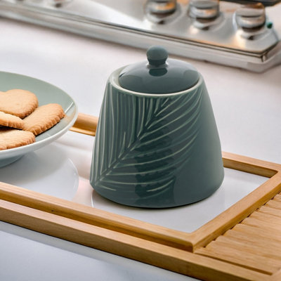Orsina Elegant Embossed Porcelain Sugar Pot With Orb HandleLeaf Pattern Sugar Jar,tapered Base Sugarpot With Lid from B&Q