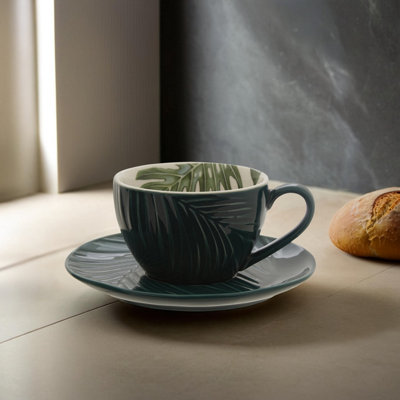 B&Q -  Green Cup & Saucer,tropical Leaf Design On Porcelain Cup & Saucer,glazed Finish Set Of 2 With White Inner