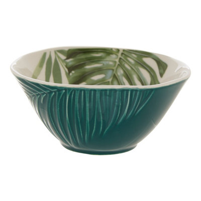 Orsina Porcelain Dark Green Small Salad Bowl,tropical Leaf Design Mixing Bowl,glazed Finish Bowl With White Inner from B&Q