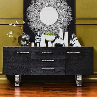 B&Q -  Grey Elm Wood SideboardNatural Grey Finished Elm Cabinet With Polished Stainless Steel U Legs