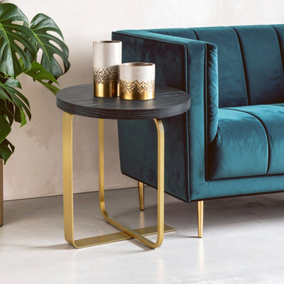 Orsina Round Black And Grey Side TableOak Veneer Top With Subtle VeiningGold Stainless Steel BaseAccent Table from B&Q