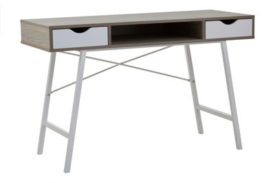 Orsina Two Drawer Light Oak Veneer Desk,wood Desk With Angular White Metal Legs,modern Design Wooden Workstation from B&Q