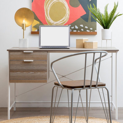 Orsina Light Oak Veneer Desk With Drawers,modern Office Desk With White Metal Frame For Organization,storage Desk from B&Q