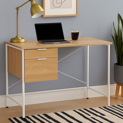 Orsina Natural Oak Veneer Writing Desk With Drawers,office Table,sleek White Metal Frame Desk,storage Workstation from B&Q