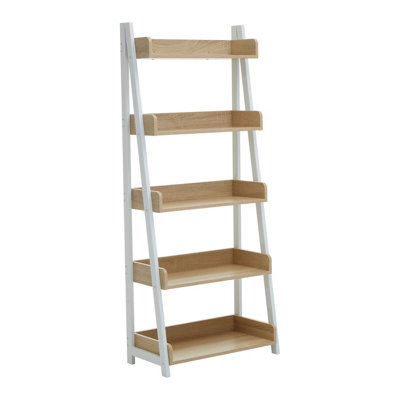Orsina Stylish Five Tier Natural Oak Ladder Shelf UnitSustainable Large Shelving UnitWooden Standing Shelves from B&Q