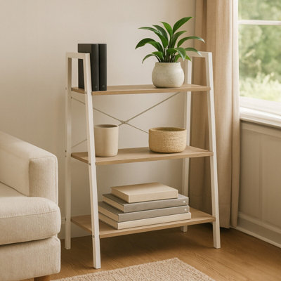 Orsina Three Tier Natural Oak Veneer Ladder Shelf UnitFunctional Industrial Narrow ShelfVersatile Tall Cupboard from B&Q